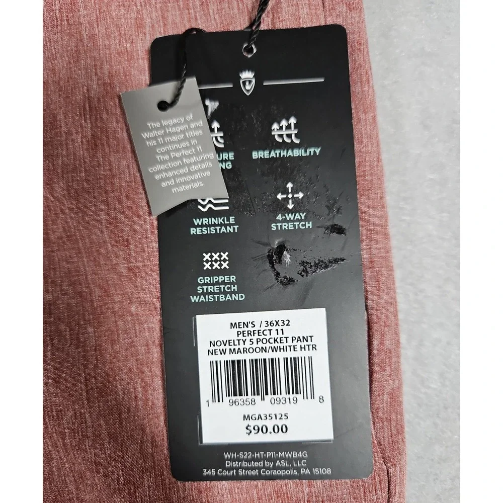 Walter Hagen Mens Maroon Perfect 11 Slim Fit Golf Pants Size 36 x 30 NWT